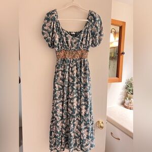 Deep teal long maxi dress with white flowers.
